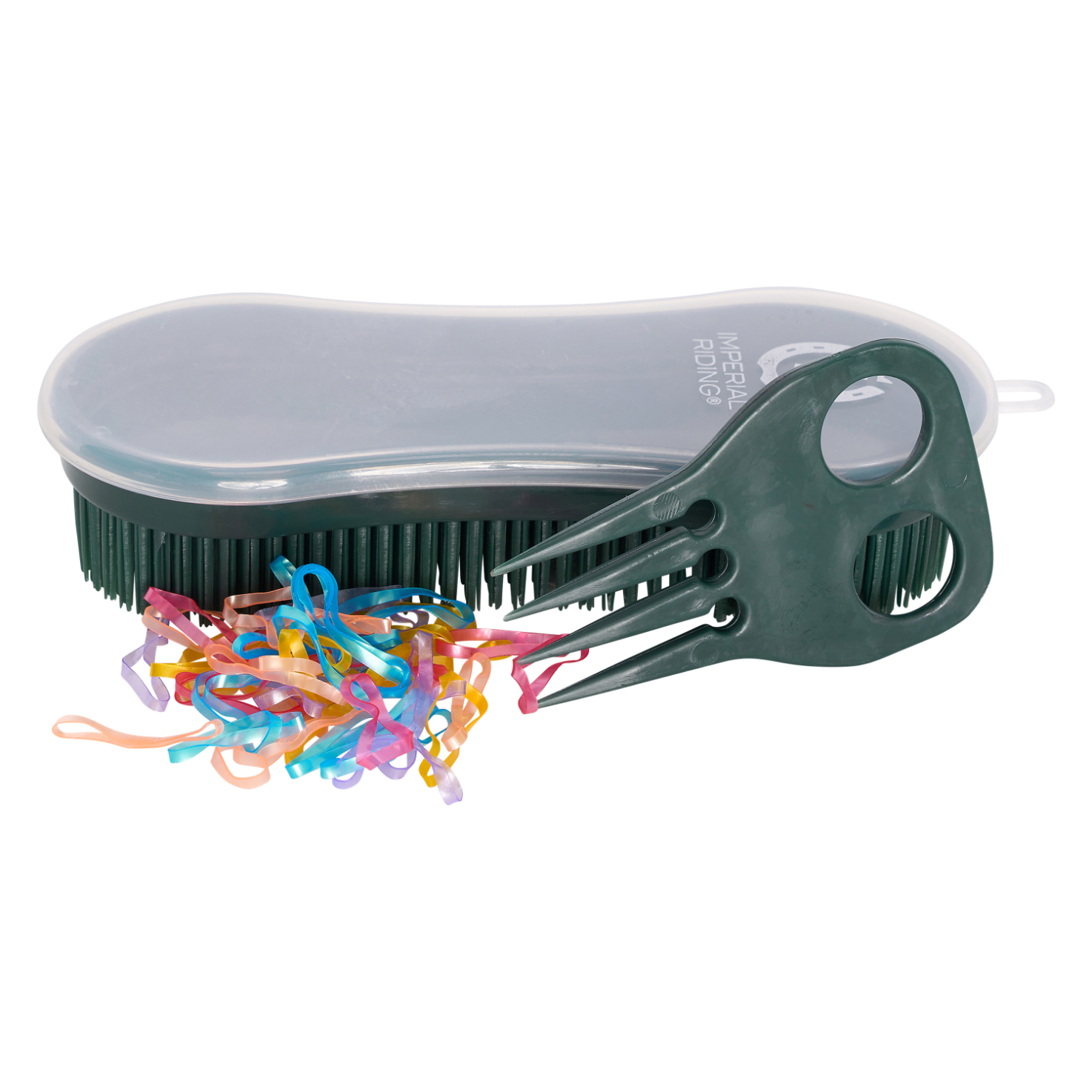 Imperial Riding | Set - Perfection Bürste - Zopfkamm und bunte Einflechtgummis | Forest Green