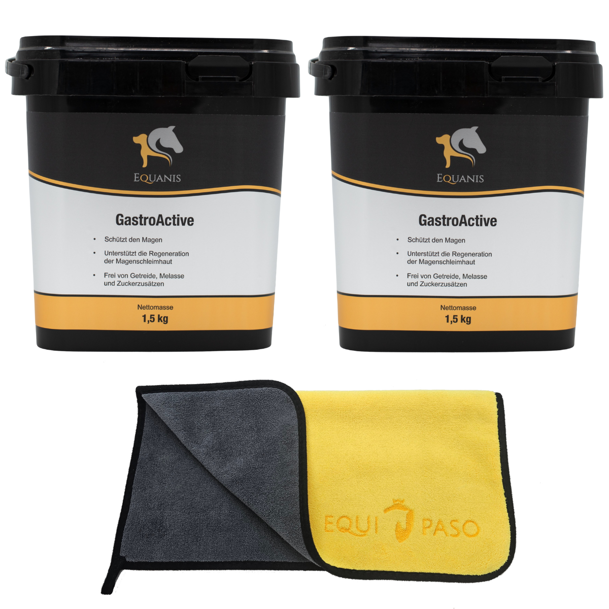 Set Equanis | Gastro Active | 2x 1,5 kg Pellets | Beugt Magengeschwüren vor + Tuch Set Equanis | Gastro Active | 2x 1,5 kg Pellets | Beugt Magengeschwüren vor + Tuch
